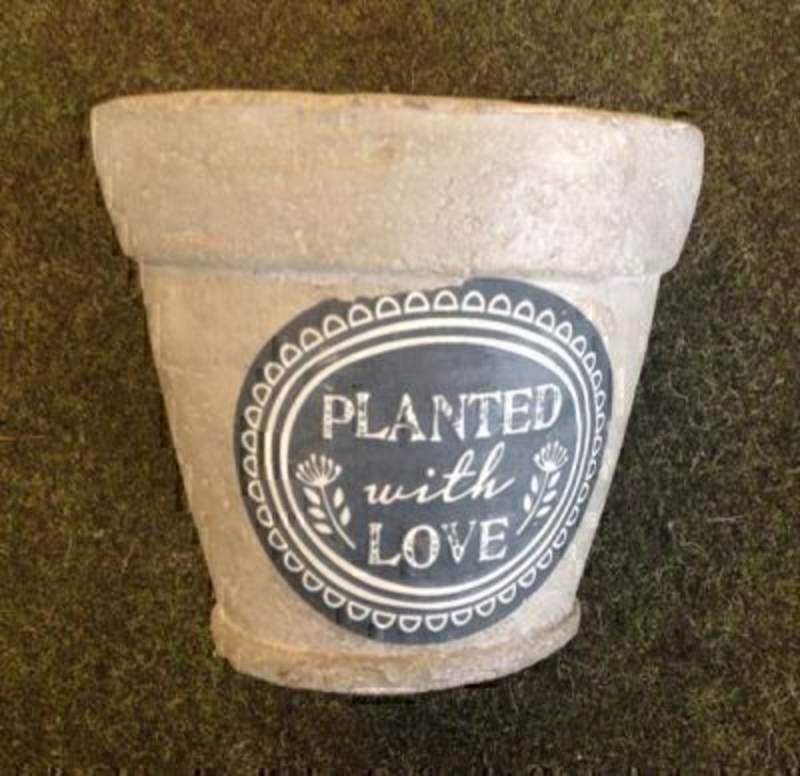 Planted with Love Stone Pot Cover by Gisela Graham. A lovely rustic pot cover by the designer Gisela Graham with 'Planted with Love' written on it. Would make a great gift for gardeners. Size 10.5x12cm